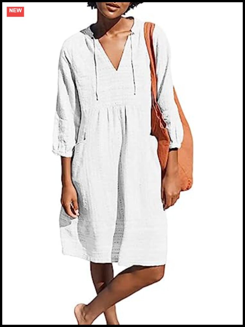Lafural Womens Cotton V Neck Shift Tunic Smock Summer Dress Pocket